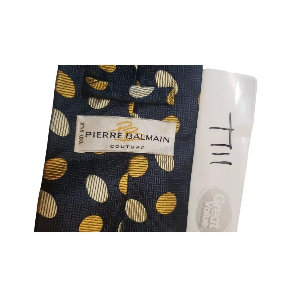 Pierre Balmain Couture Neck Tie Mens 100% Silk Navy Yellow Polka‎ Dots Business